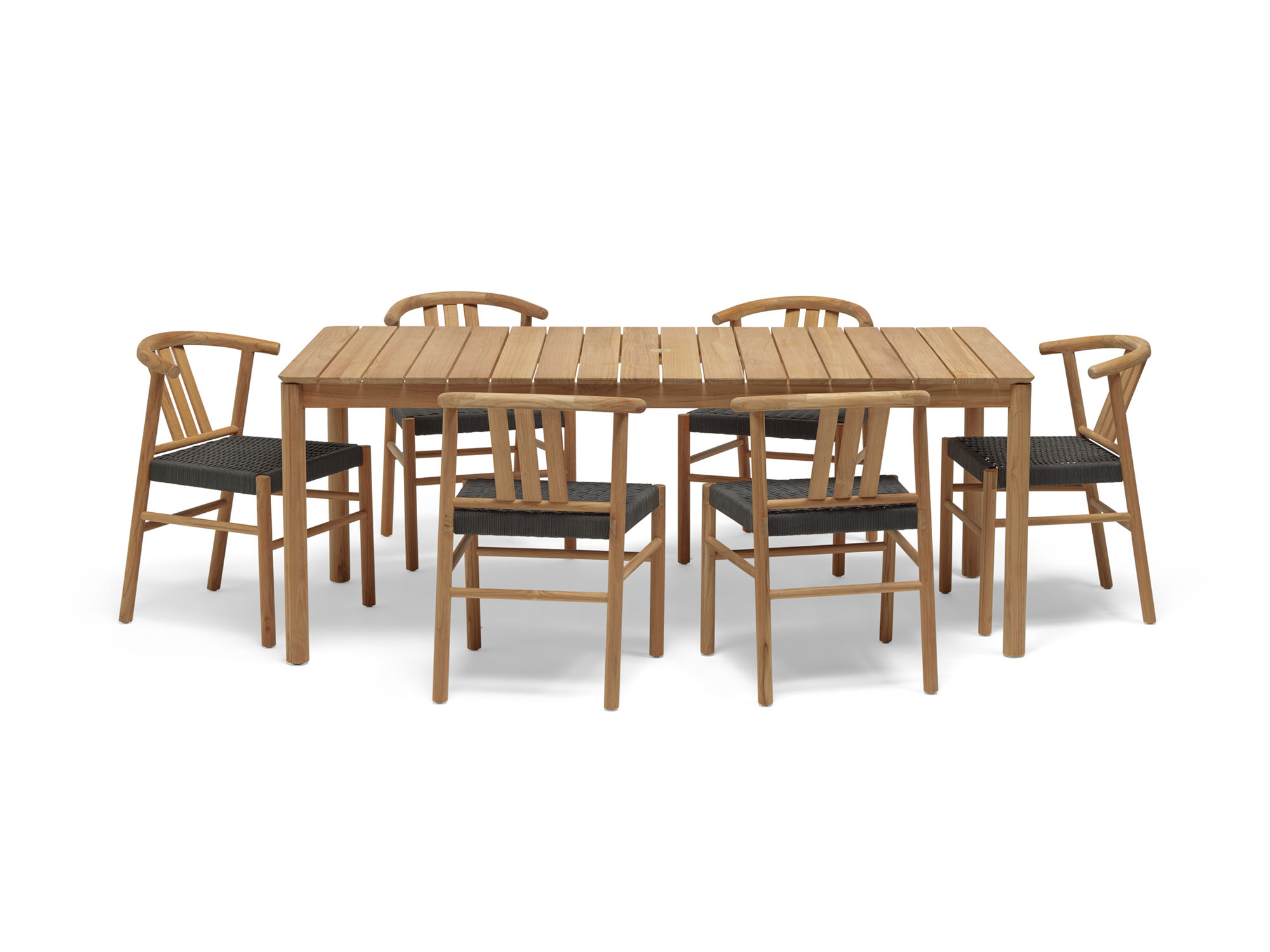 Vue de face d'une table et de chaises de salle à manger extérieures rectangulaires